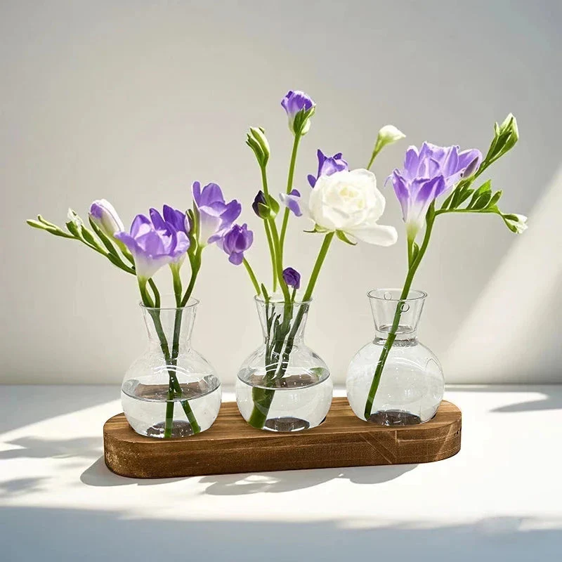 Bloomcraft Glass Vase Set with Wood Base